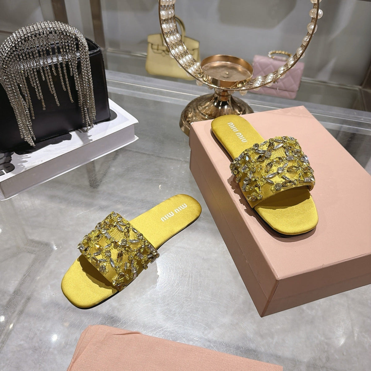 Miumiu 26s Sandals Yellow Embellished Silk