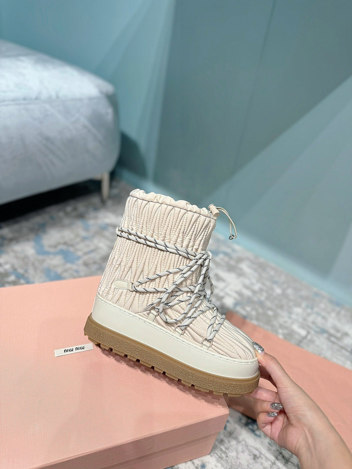 Miumiu 26s Ankle Snow Boots Beige Fabric
