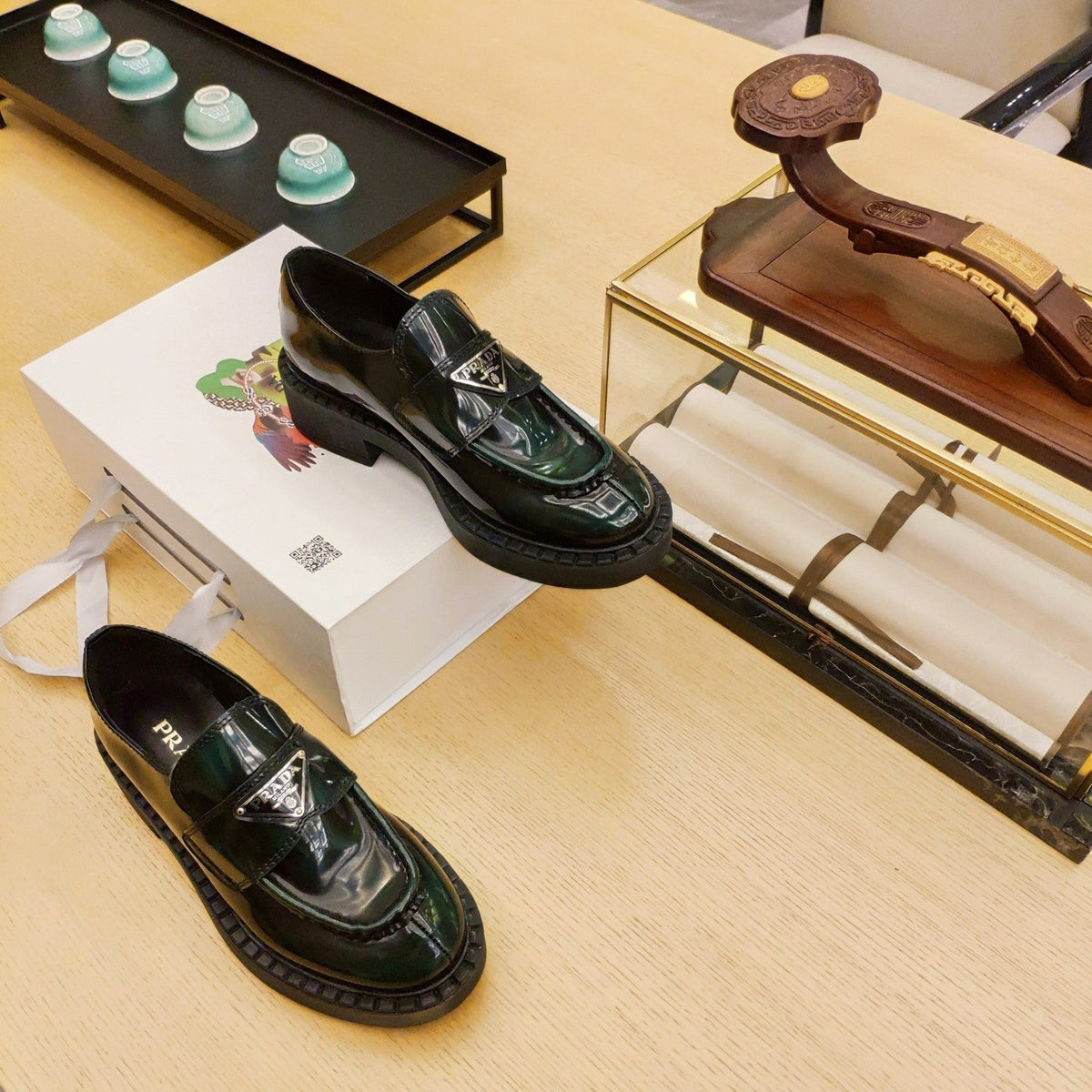 Prada 26S Penny Loafers 55mm Green Patent Calfskin