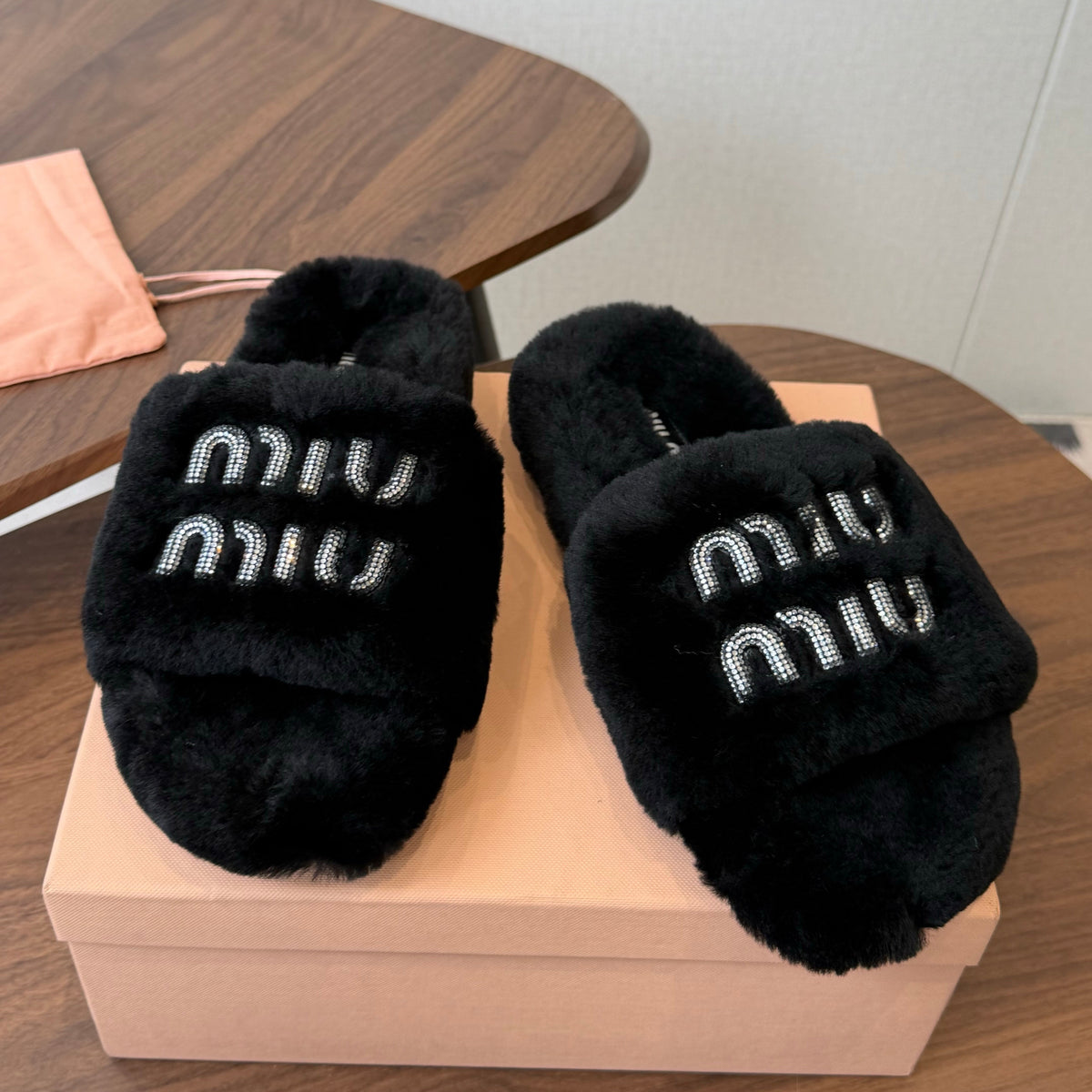 Miumiu 26s Crystal Logo Slides Black Shearling