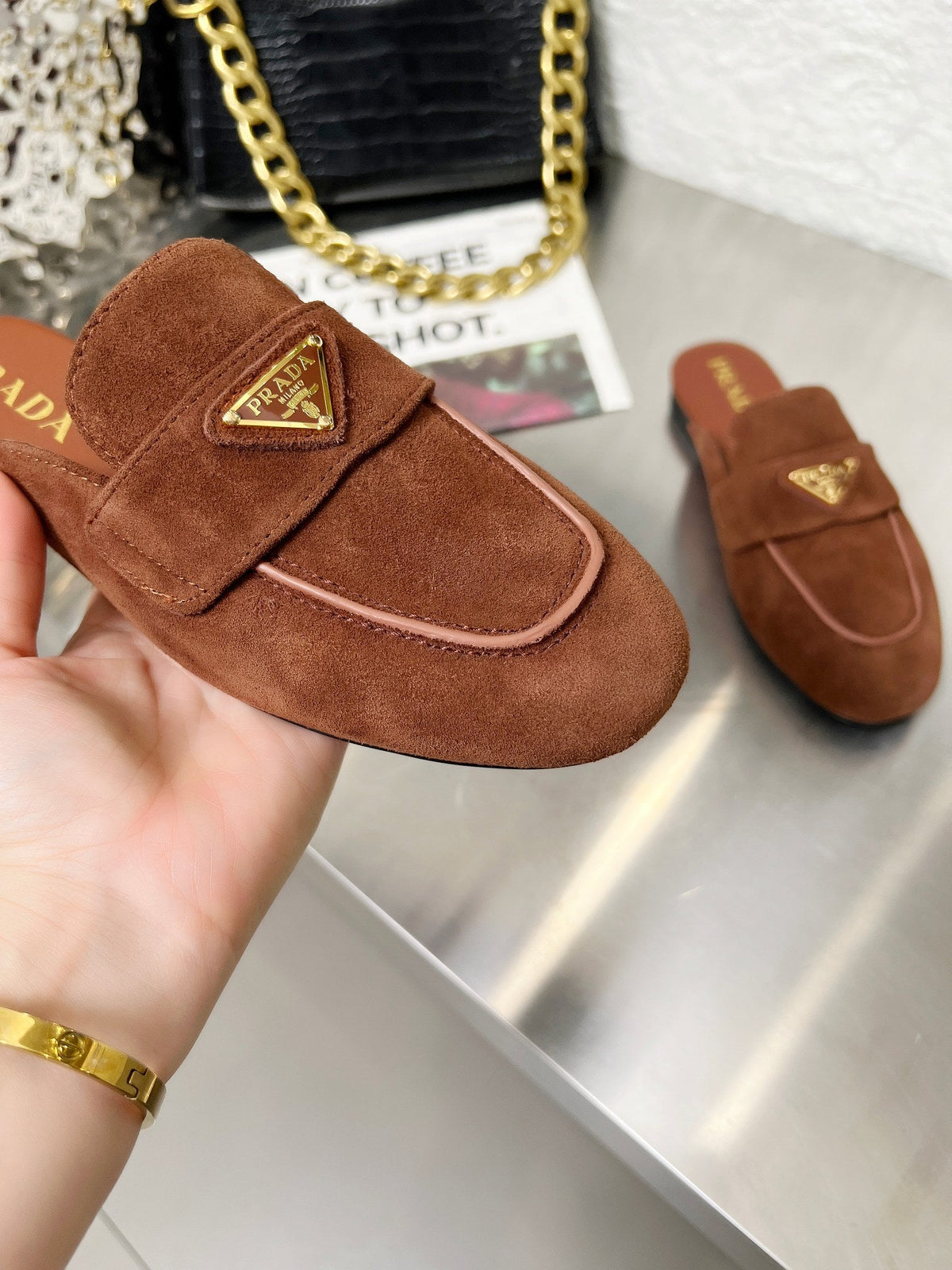 Prada 26s Mule Loafers Chocolate Brown Suede With Logo