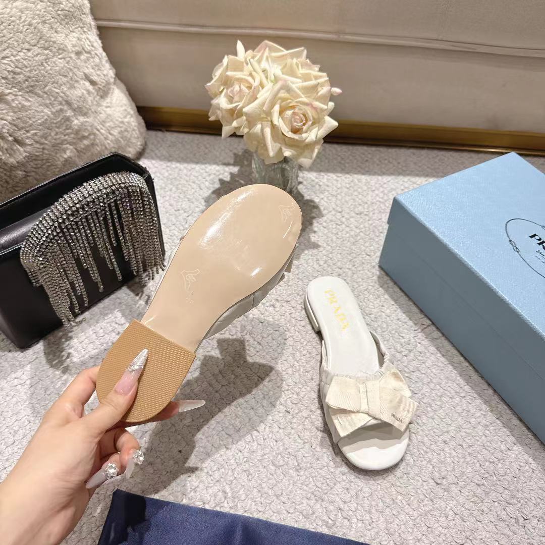 Prada 26s Ruched Bow Slide Sandals Cream White Calfskin