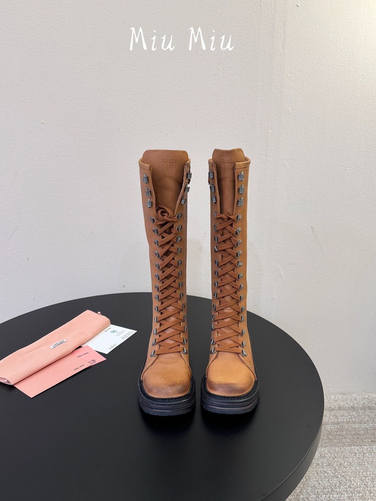 Miumiu 26s High Hiking Boots Camel Brown Calfskin