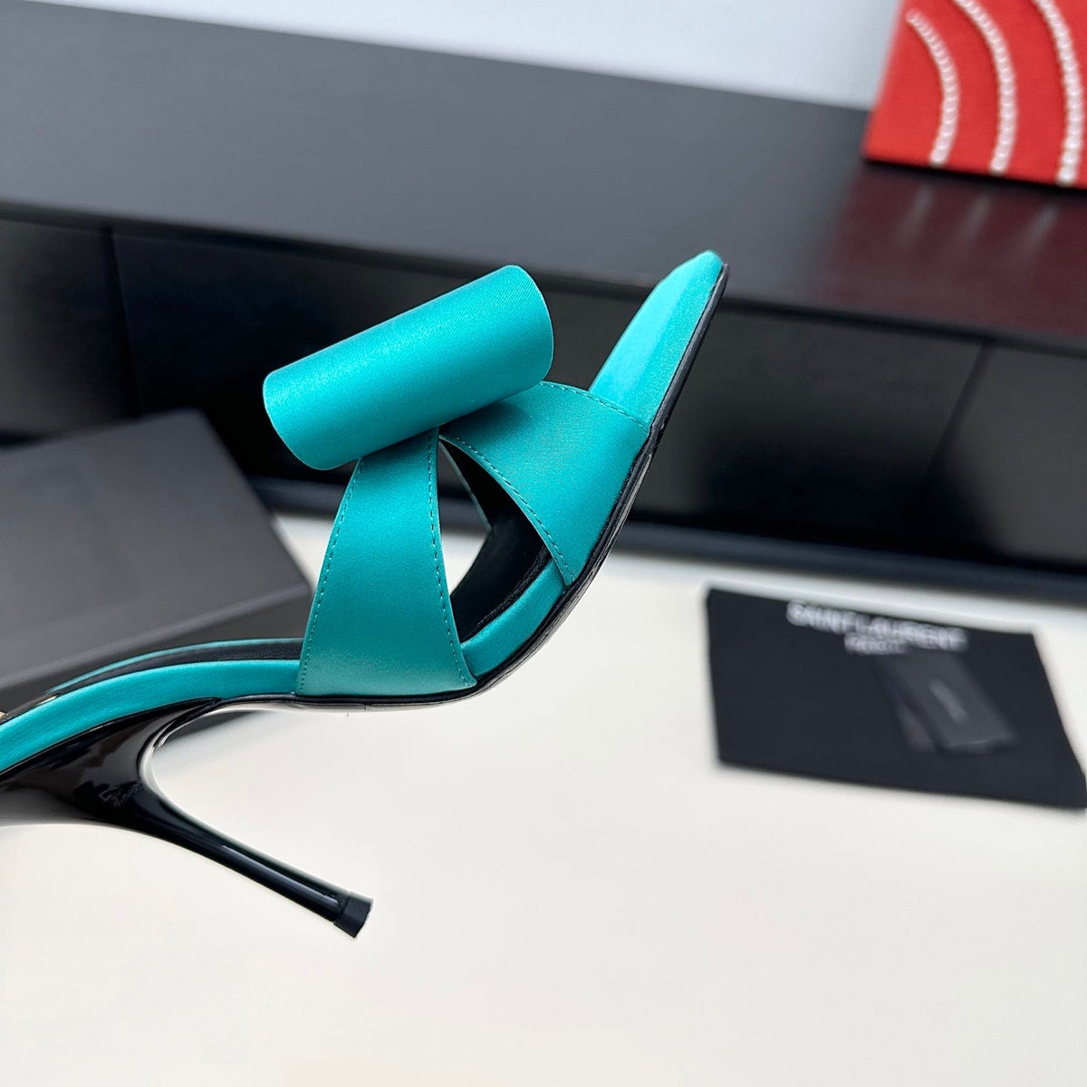 YSL 26S Heeled Sandals 105 Mm In Tiffany Blue Satin