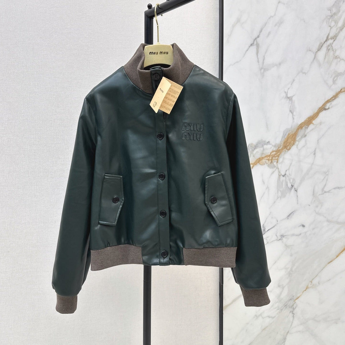 Miu 26S Bomber Jacket Dark Green PU Leather