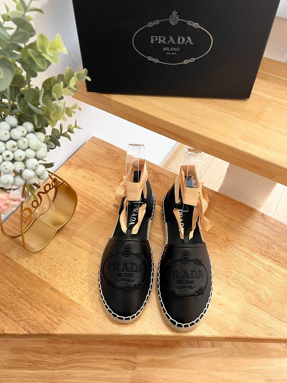 Prada 26s Lace Up Espadrille Flats Black Calfskin