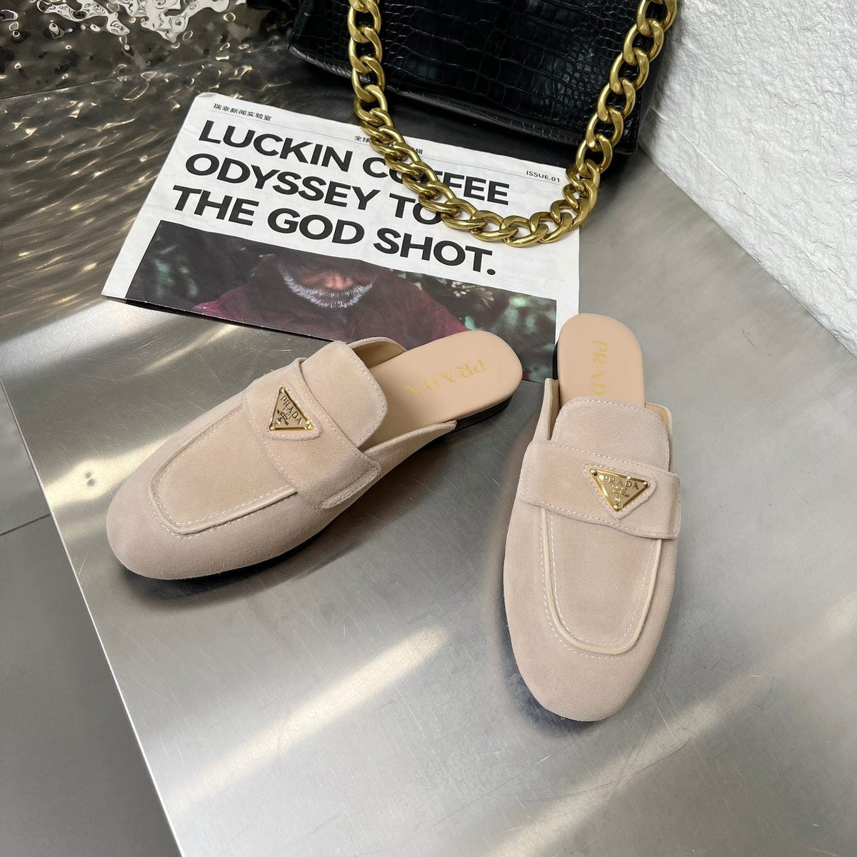 Prada 26s Mule Loafers Nude Beige Suede With Logo