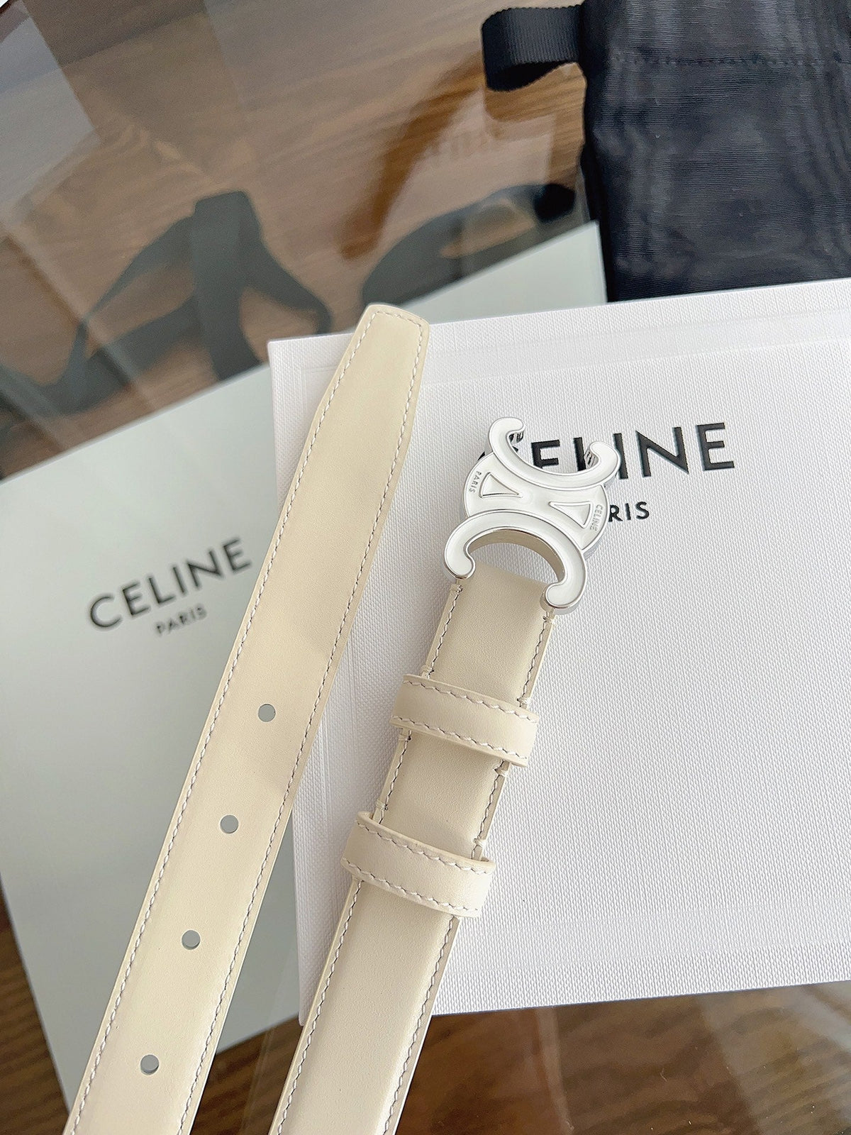 Celine 2026 Triomphe Belt 25mm White Leather 194260