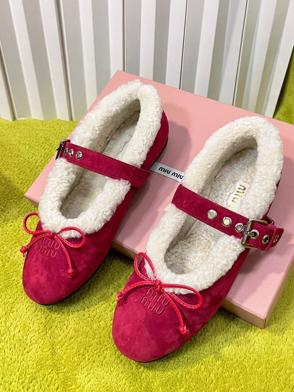 Miu Shearling Trim Mary Jane Flats Bow Detail Red Suede 137205