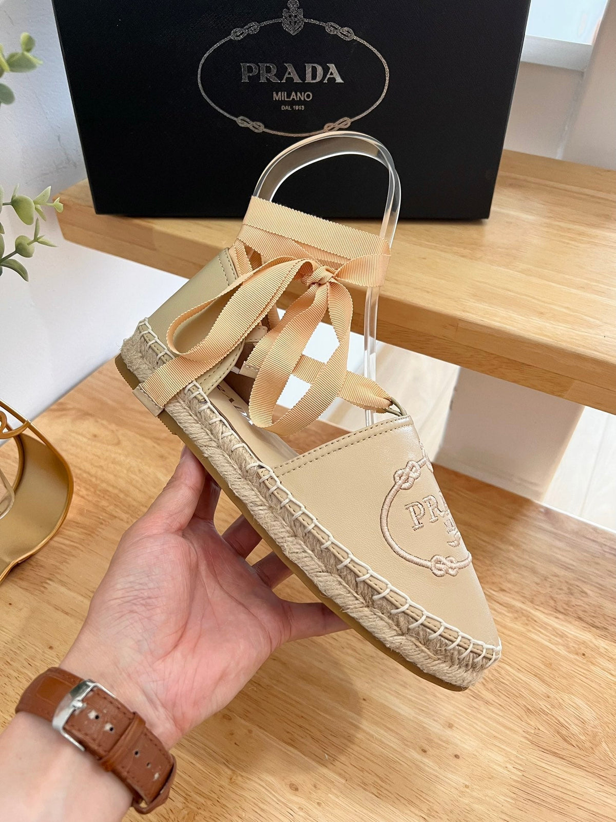 Prada 26s Lace Up Espadrille Flats Beige Calfskin