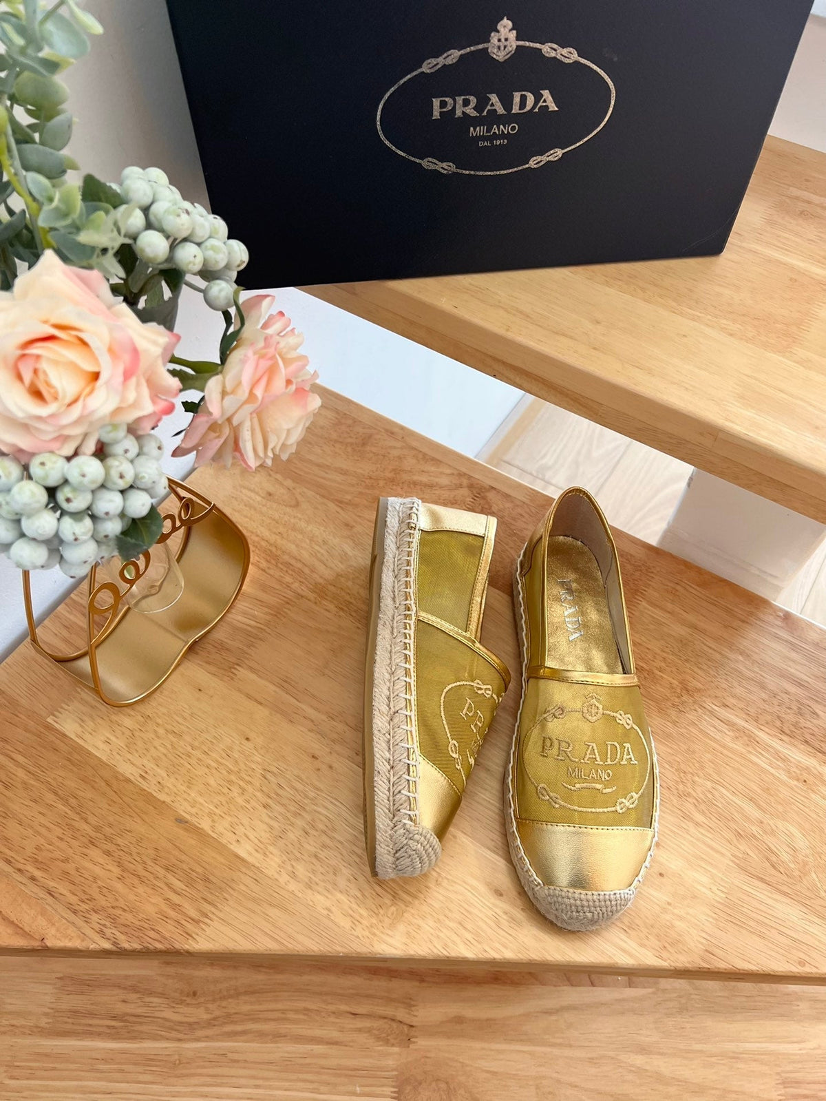 Prada 26s Embroidered Logo Espadrille Flats Gold Mesh Calfskin