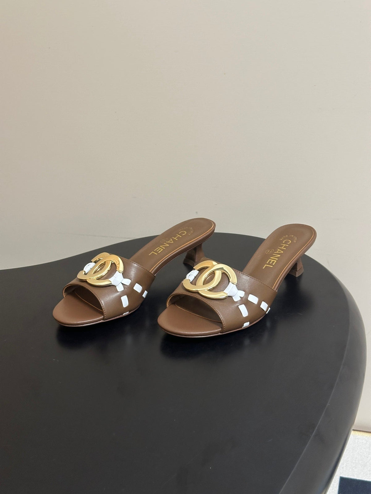 CC 26S High Heel Mule in Brown Lambskin with Gold-Tone CC Logo