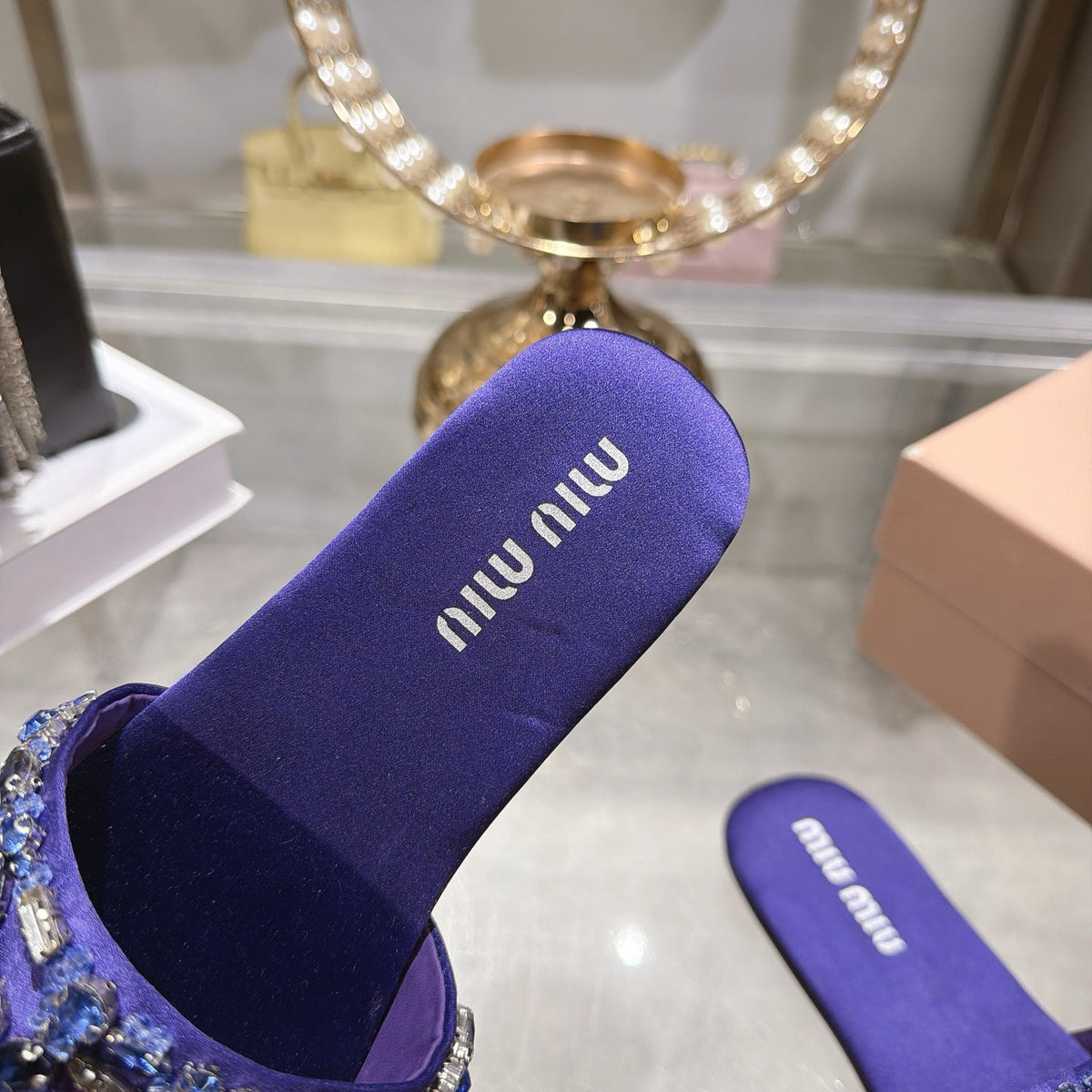 Miumiu 26s Sandals Purple Embellished Silk