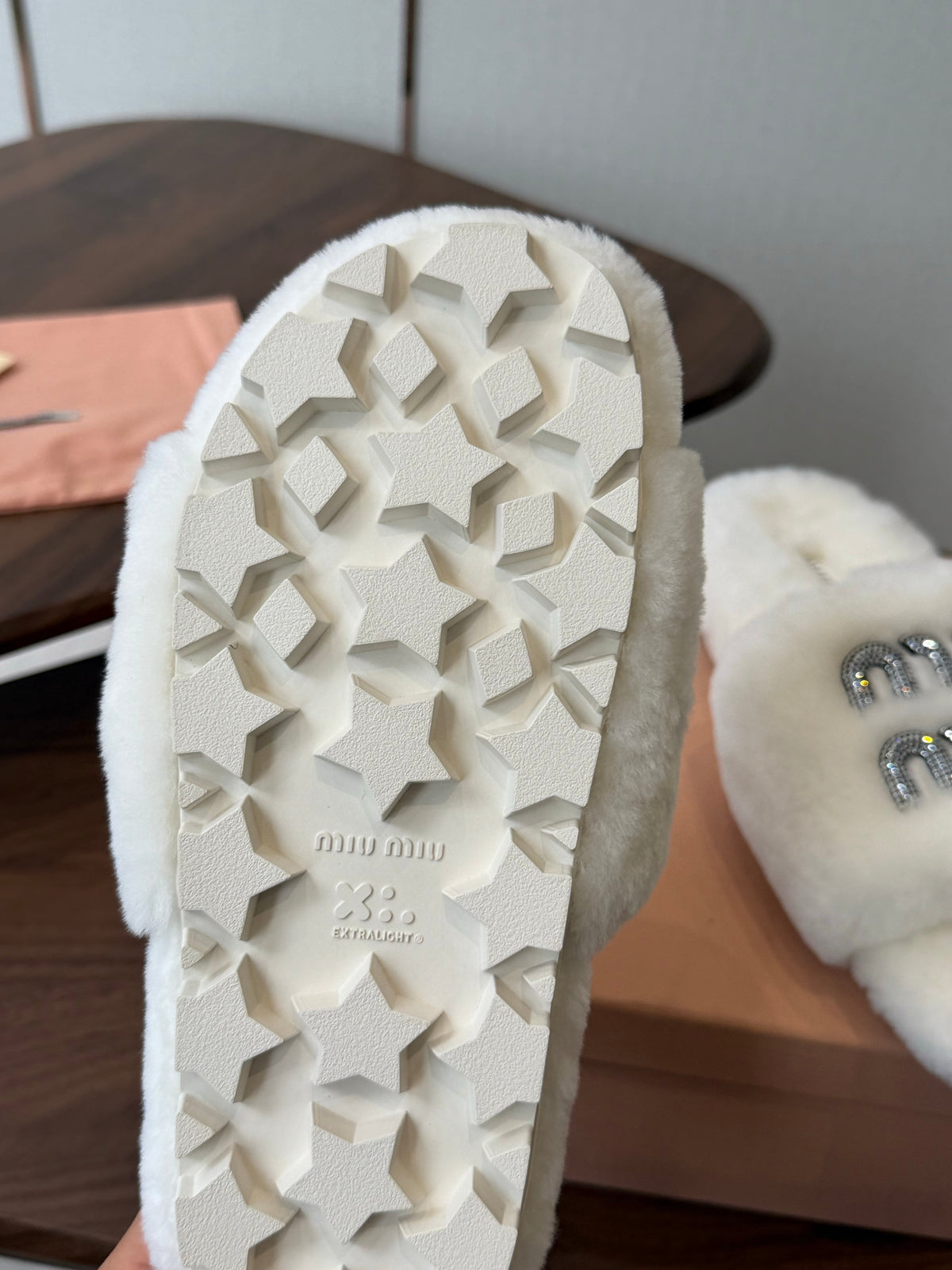 Miumiu 26s Crystal Logo Slides White Shearling