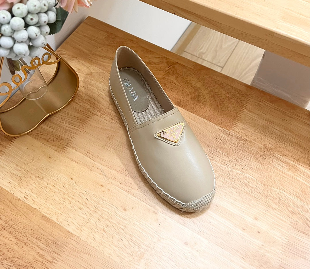 Prada 26s Logo Espadrille Slip On Flats Dark Beige Calfskin