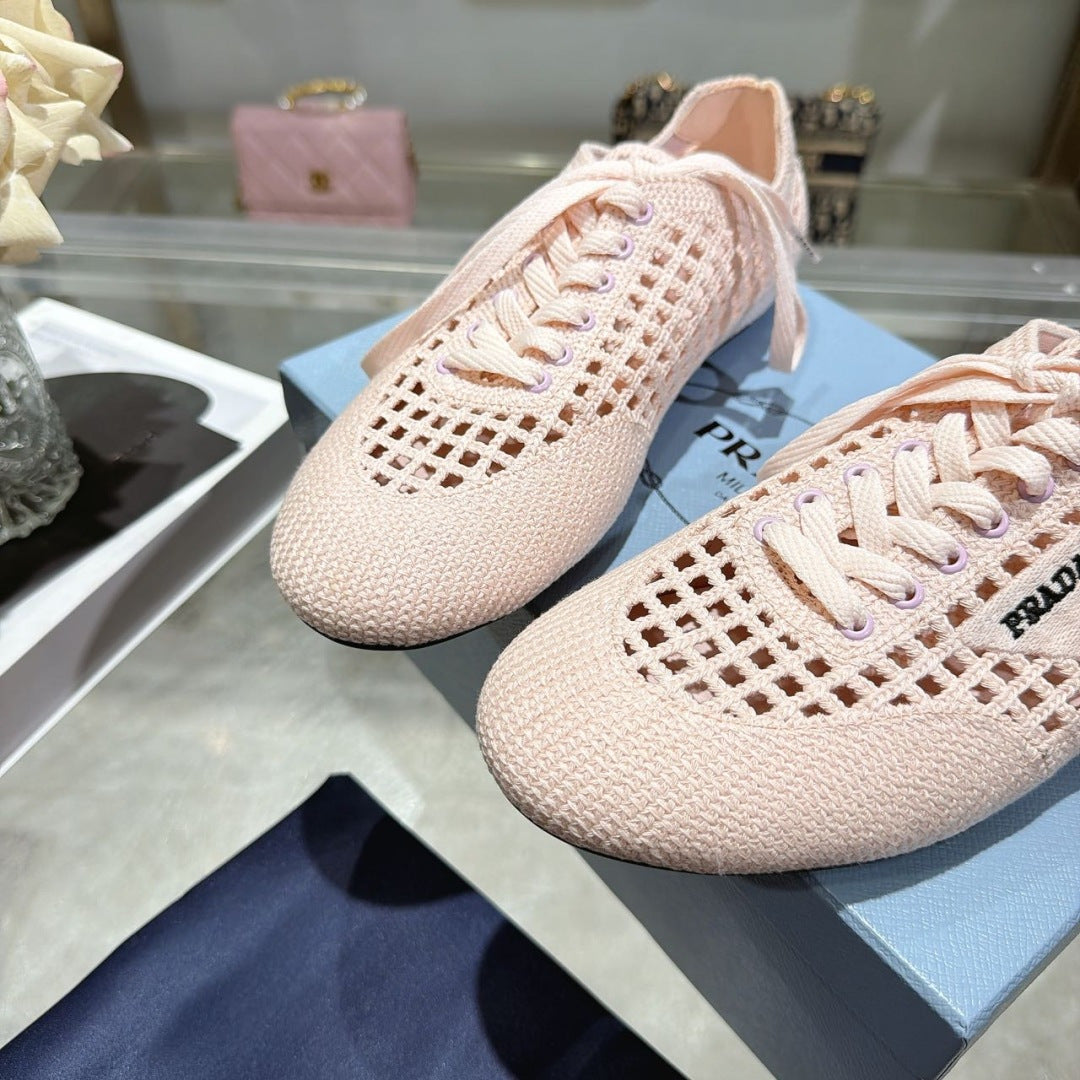 Prada 26s Lace Up Openwork Knit Sneakers Blush Pink Knit Fabric