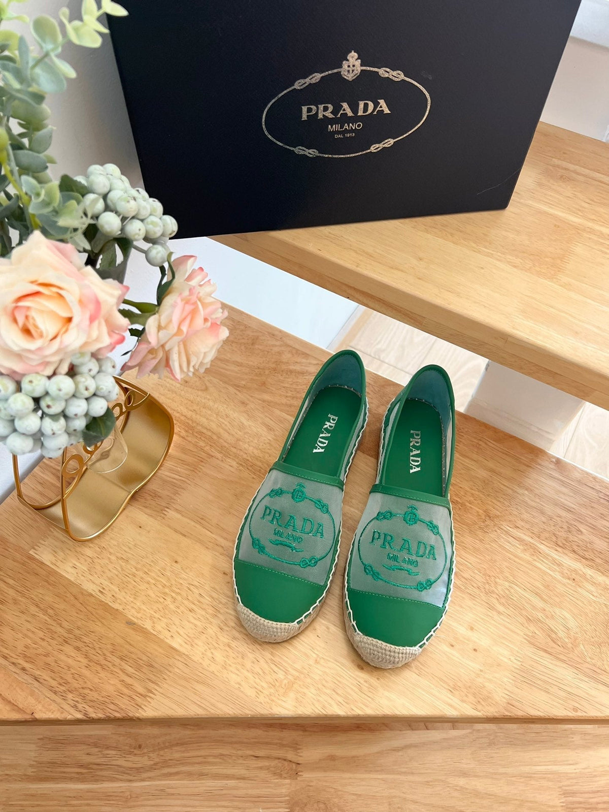Prada 26s Embroidered Logo Espadrille Flats Green Mesh Calfskin