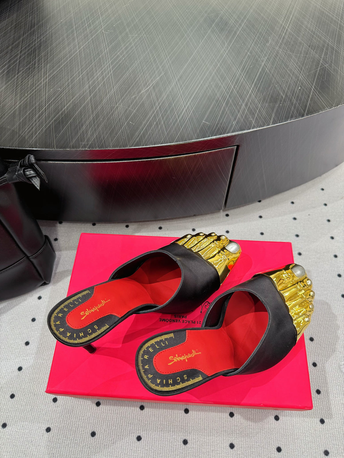 MS Trompe L'oeil Toe Mules 10.5cm  Black Gold Leather Blend With Silk