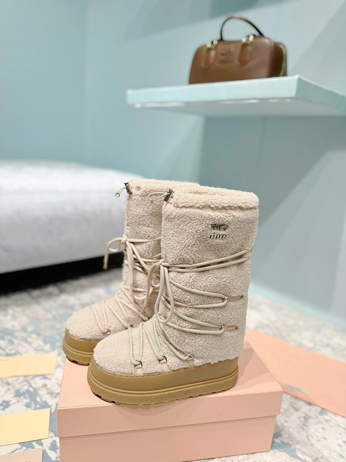 Miumiu 26s Ankle Snow Boots Beige Wool Style 15