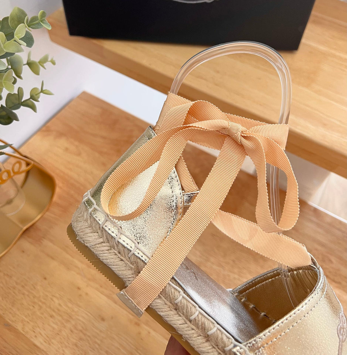 Prada 26s Lace Up Espadrille Flats Gold Calfskin