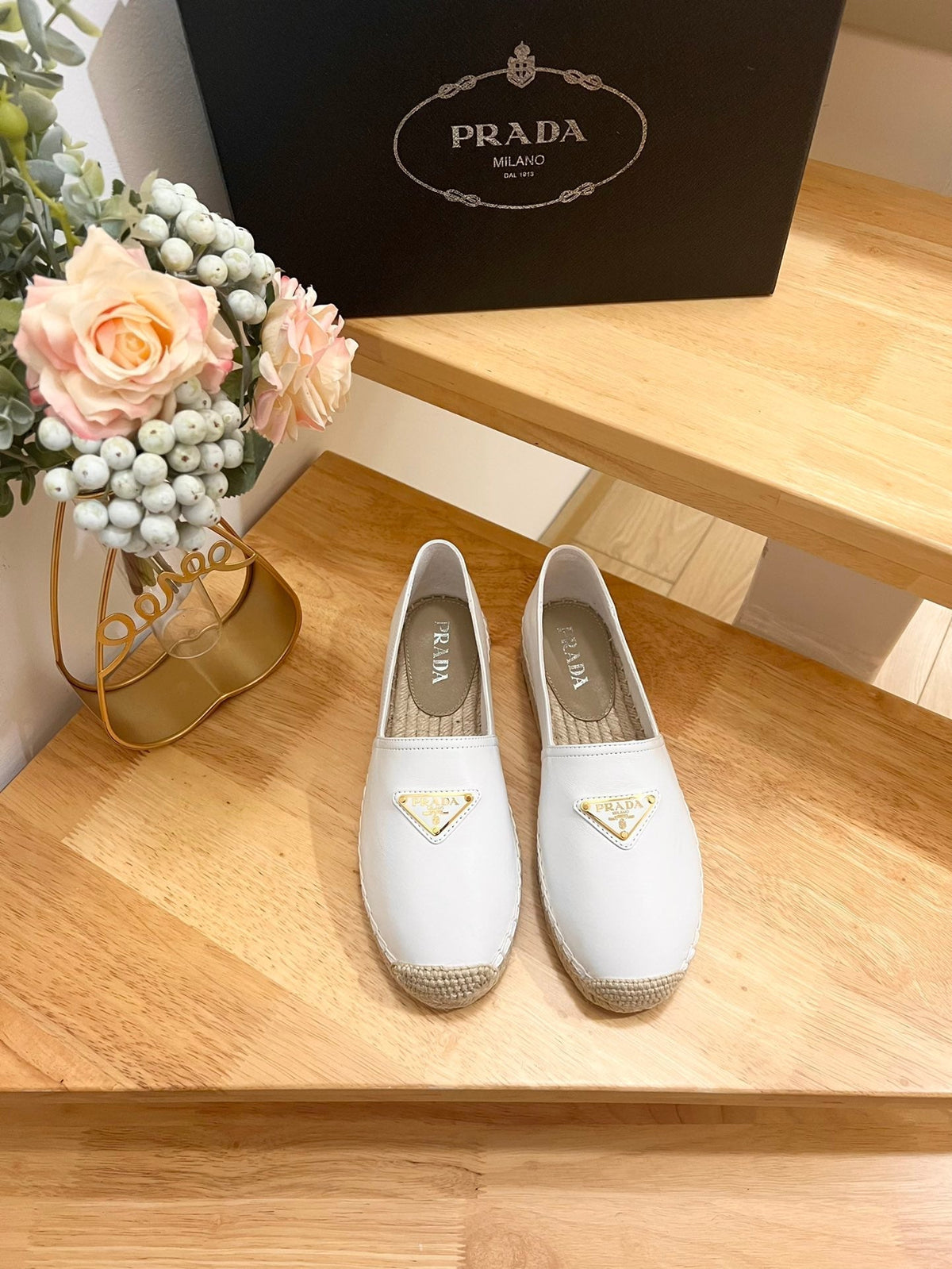 Prada 26s Logo Espadrille Slip On Flats White Calfskin