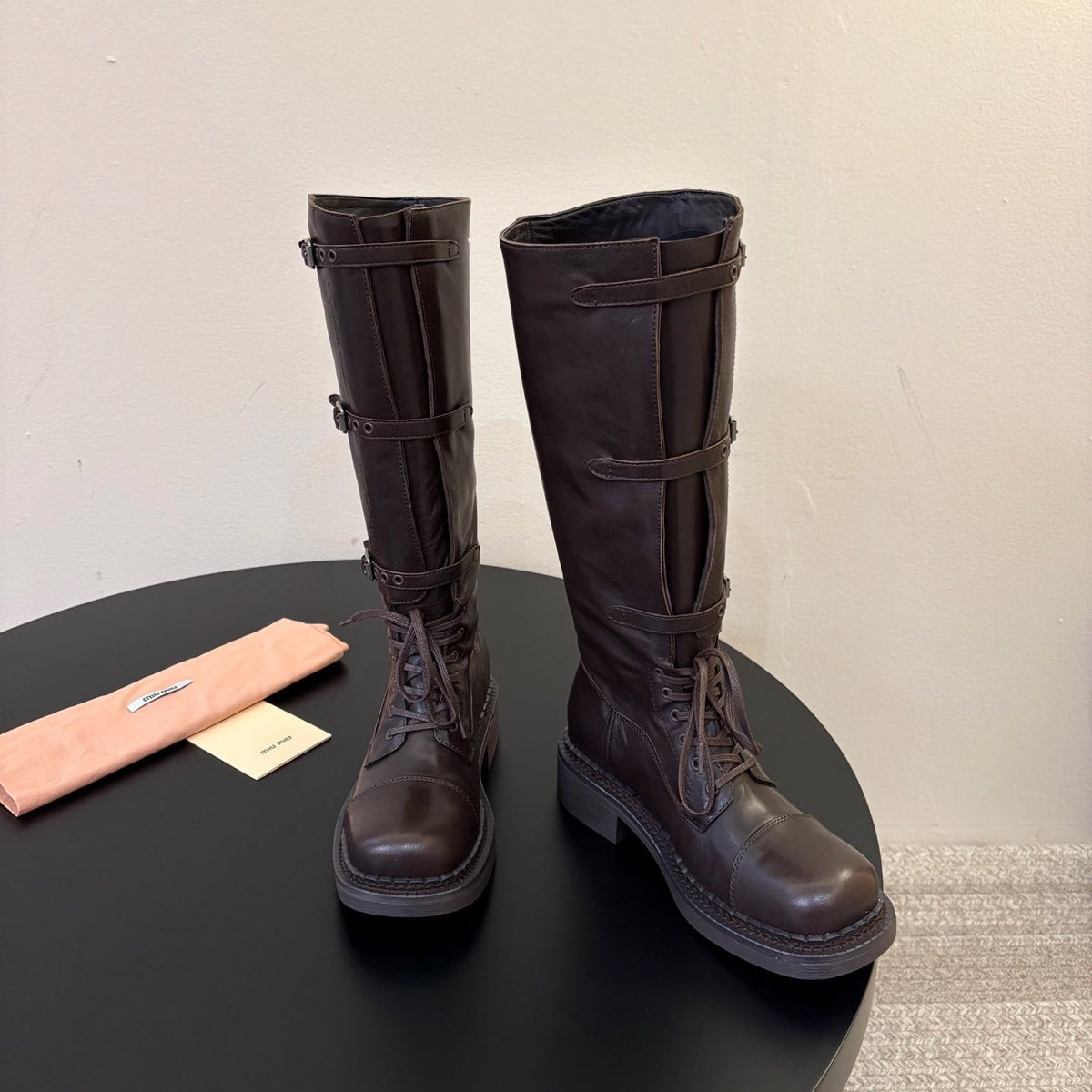 Miumiu 26s Lace-up Knee-high Boots Dark Brown Calfskin