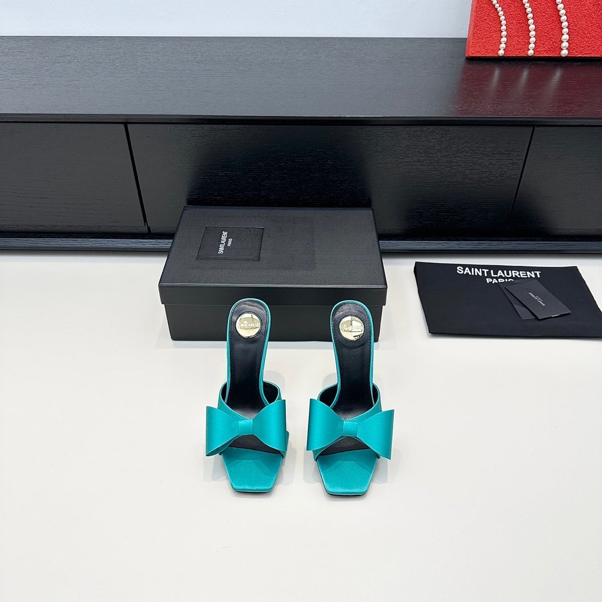 YSL 26S Heeled Sandals 105 Mm In Tiffany Blue Satin