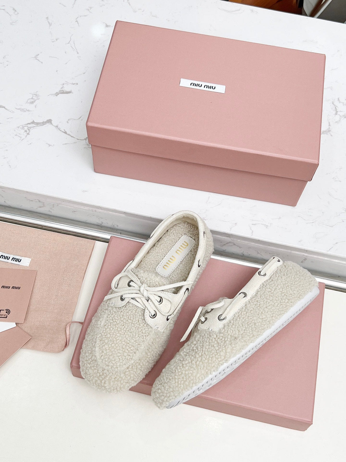 Miumiu 26s Boat Loafers Beige Shearling