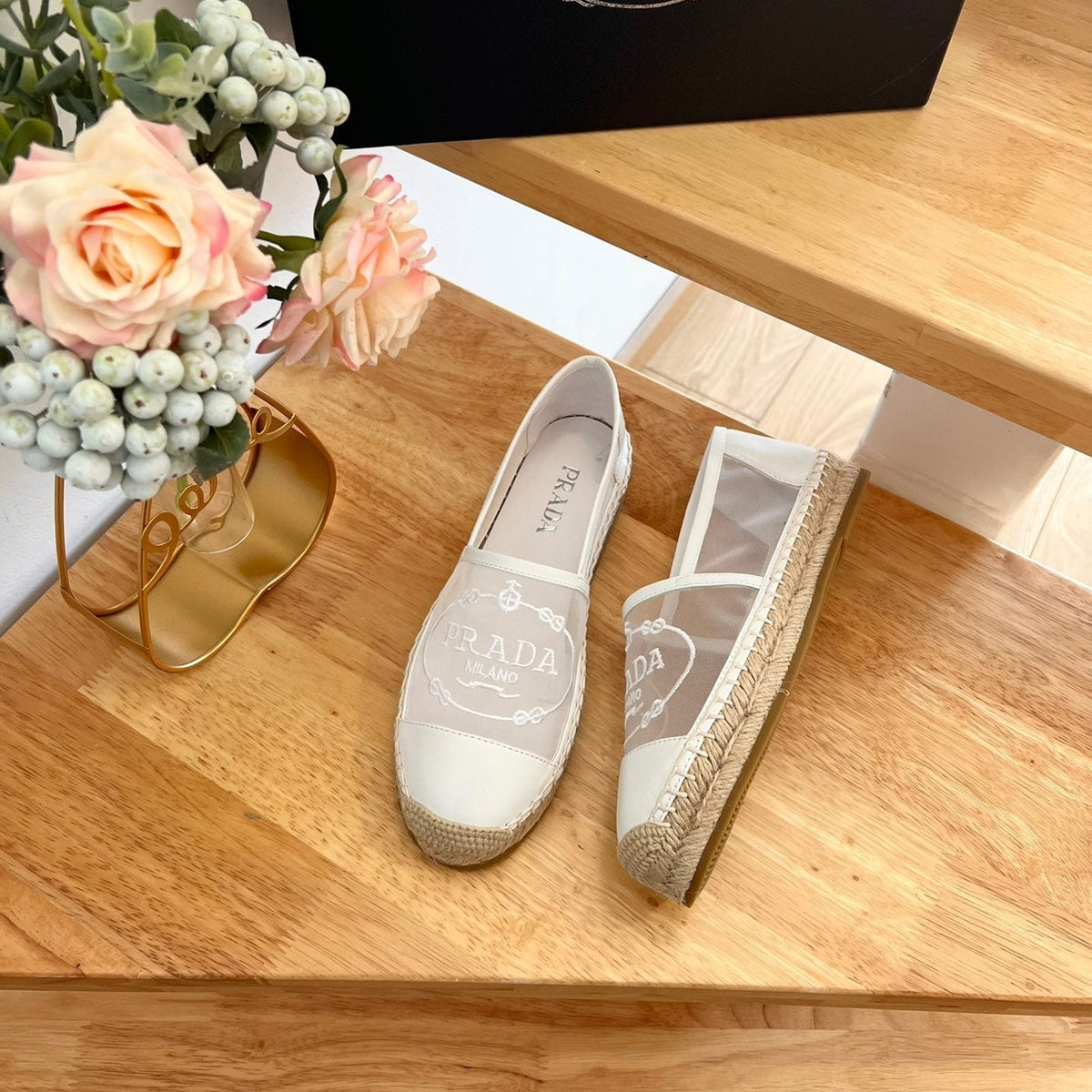 Prada 26s Embroidered Logo Espadrille Flats Ivory White Mesh Calfskin