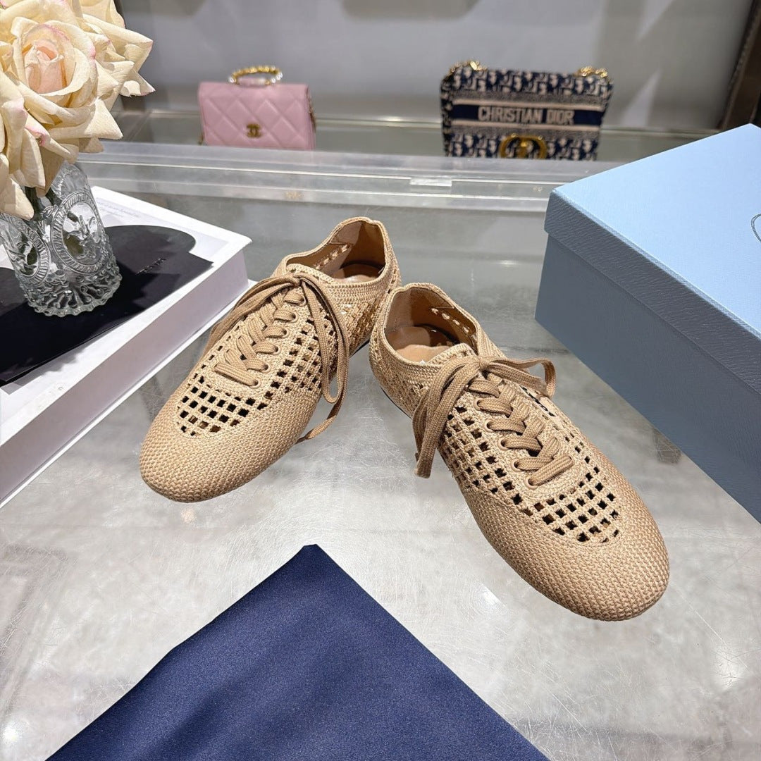 Prada 26s Lace Up Openwork Knit Sneakers Beige Knit Fabric