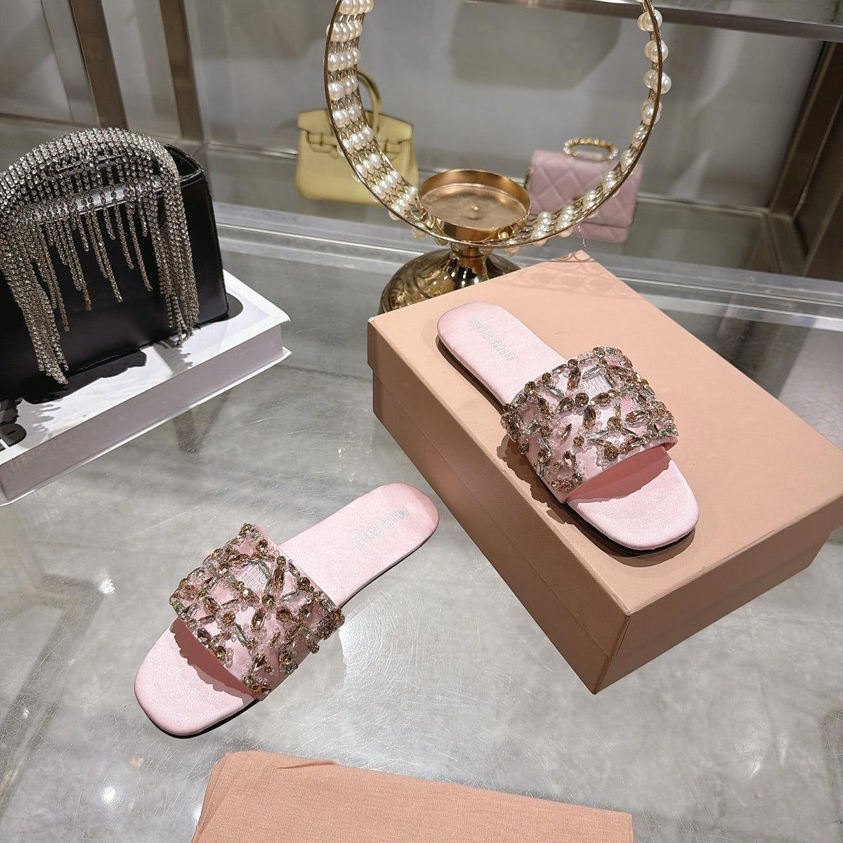 Miumiu 26s Sandals Pink Embellished Silk