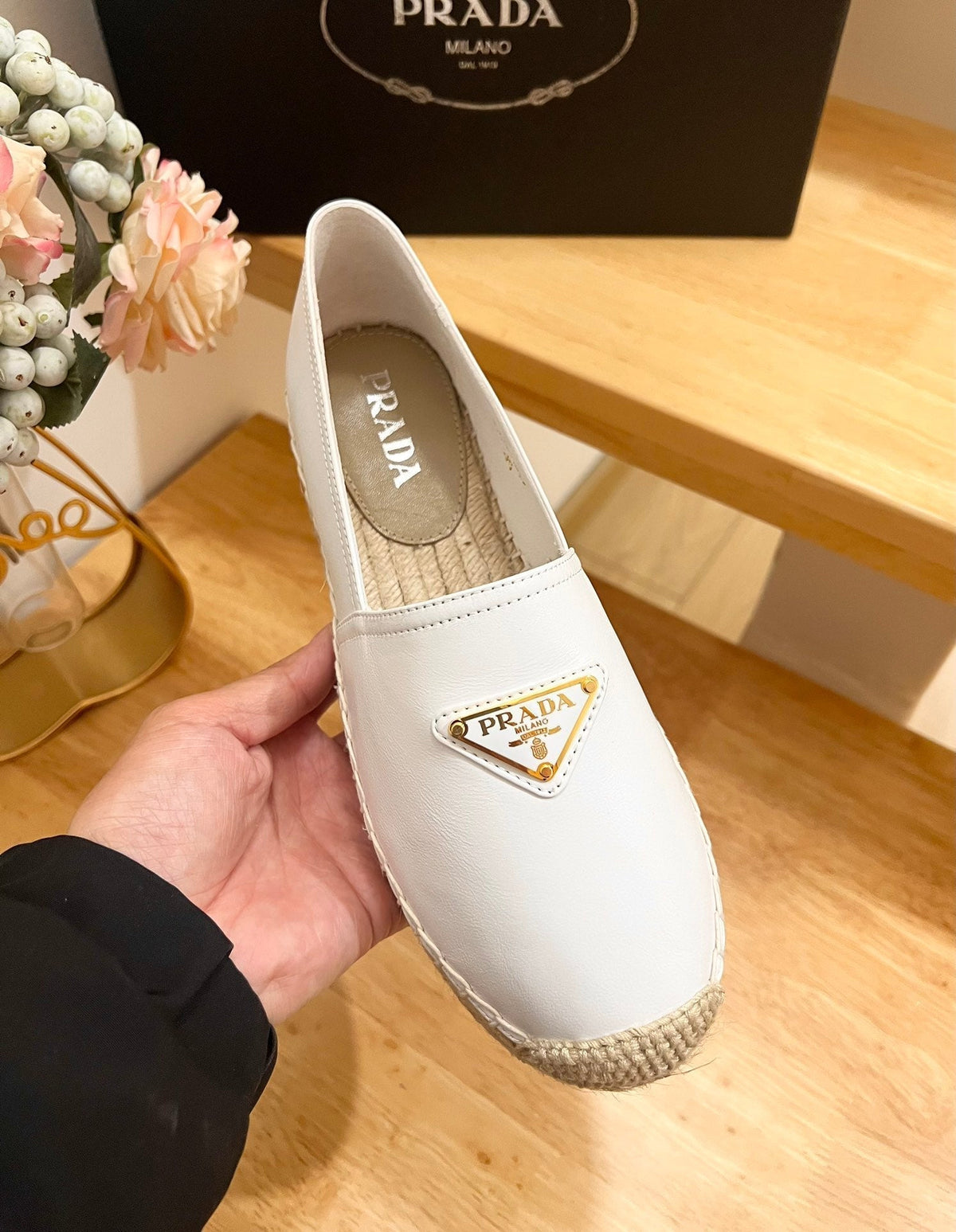 Prada 26s Logo Espadrille Slip On Flats White Calfskin