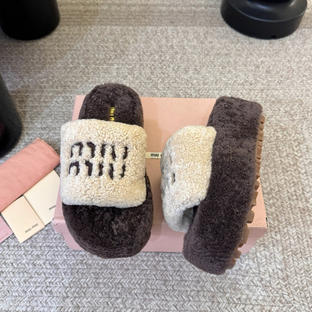 Miumiu 26s Platform Slides Dark Brown And Beige Shearling