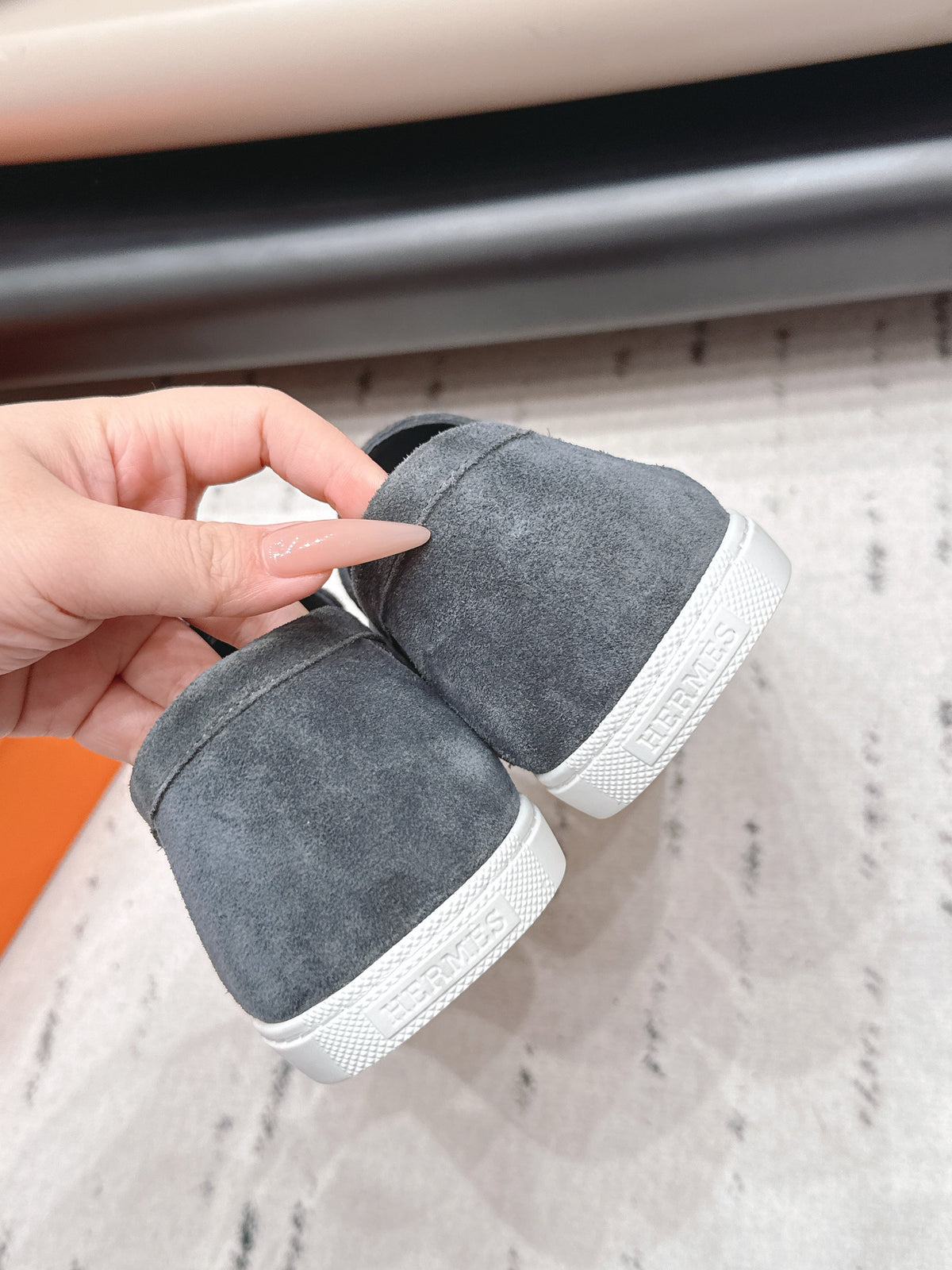 HM 26S Kelly Paris Loafers Blue Grey Suede Silver Hardware