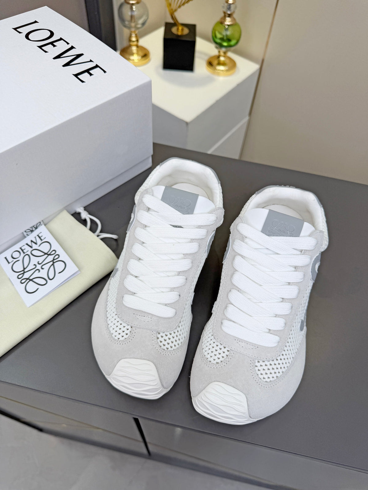 Loewe 26S Runner 2.0 Sneakers in Light Grey Suede and White Mesh Fabric