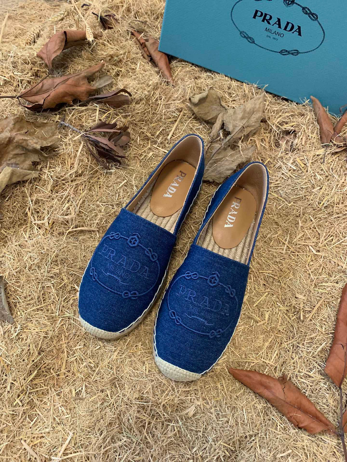Prada 26s Espadrille Flats Blue Denim Embroidered Logo