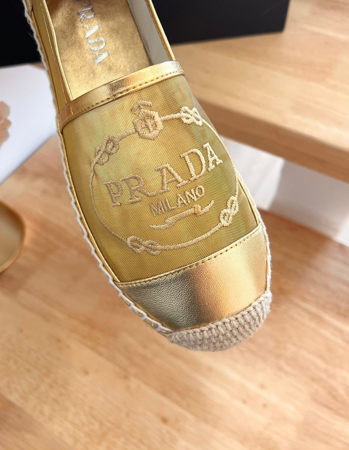 Prada 26s Embroidered Logo Espadrille Flats Gold Mesh Calfskin