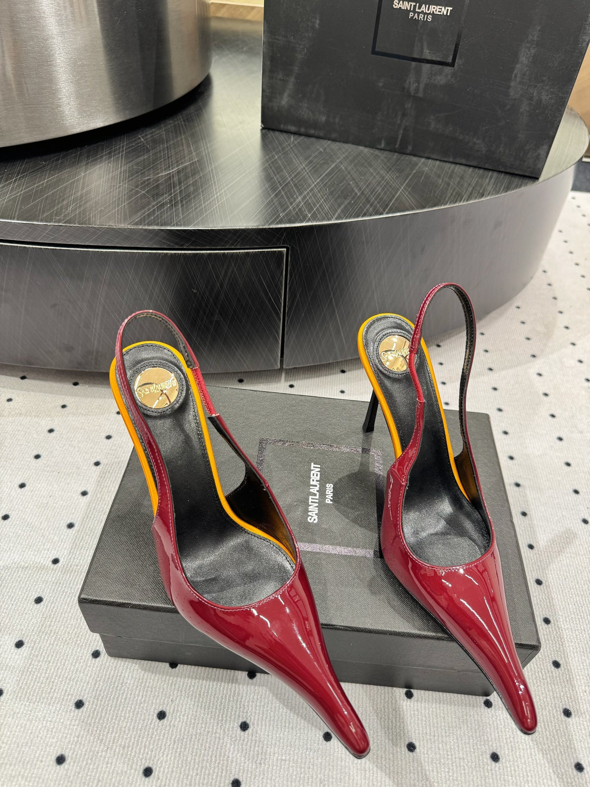 YSL 26s Pointed-Toe Slingback Heels 10.5cm Dark Red Orange Patent Calfskin