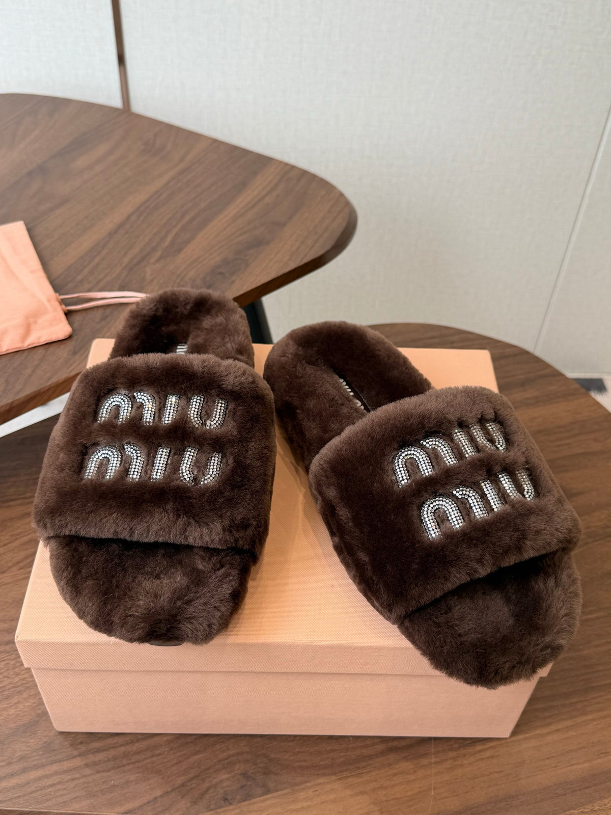 Miumiu 26s Crystal Logo Slides Dark Brown Shearling