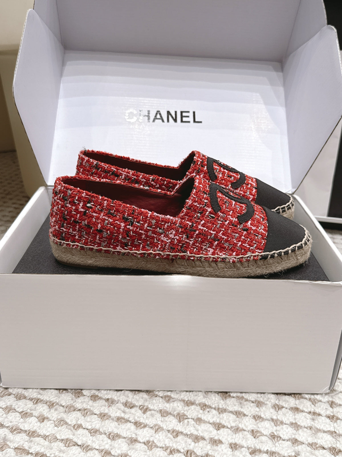 CC 26S Slip-Ons in Red Mix Black Tweed and Patent Calfskin
