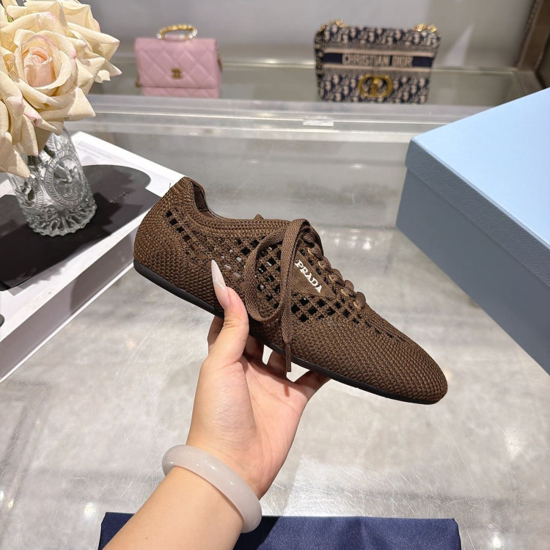 Prada 26s Lace Up Openwork Knit Sneakers Dark Brown Knit Fabric