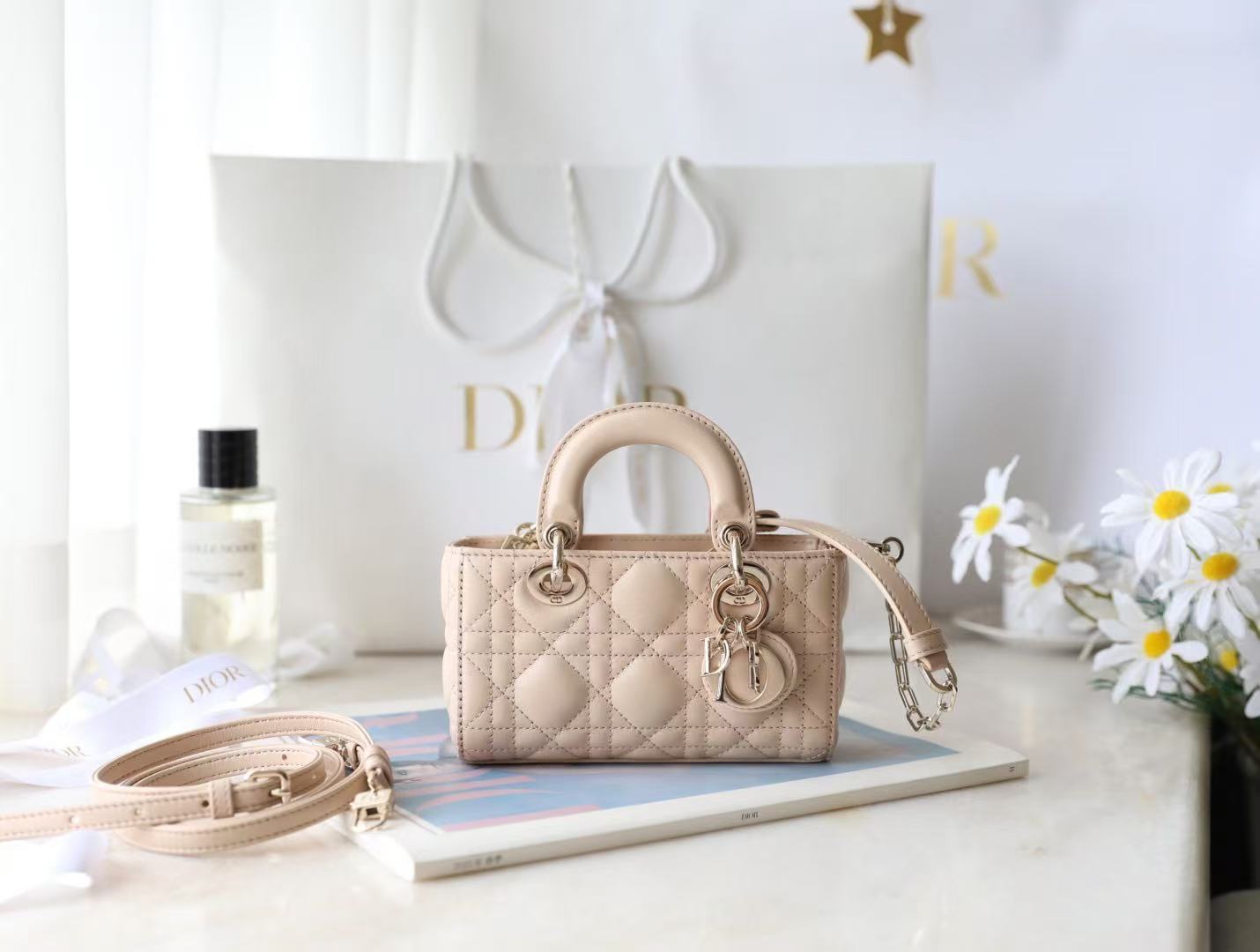Small Lady D-Joy Bag Beige Sheepskin