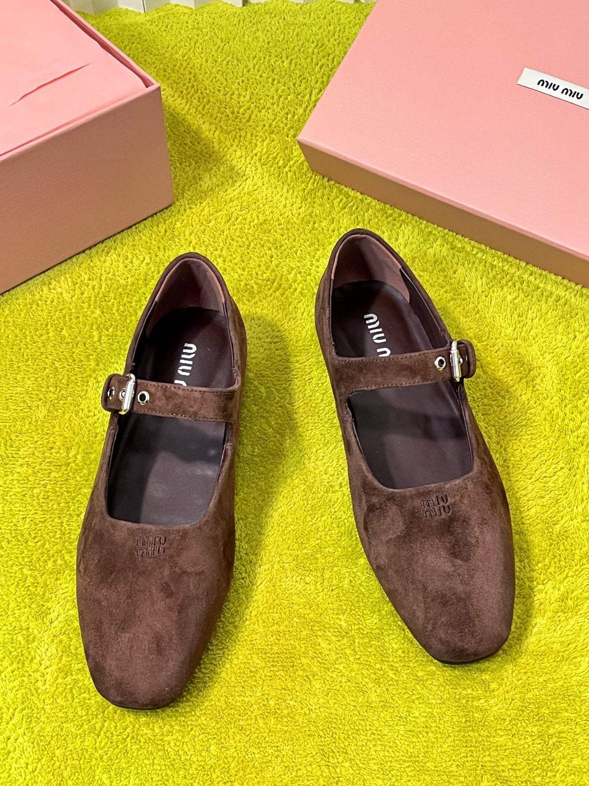 Miu 26S Mary Jane Flats Buckled Strap Logo Brown Suede 137202