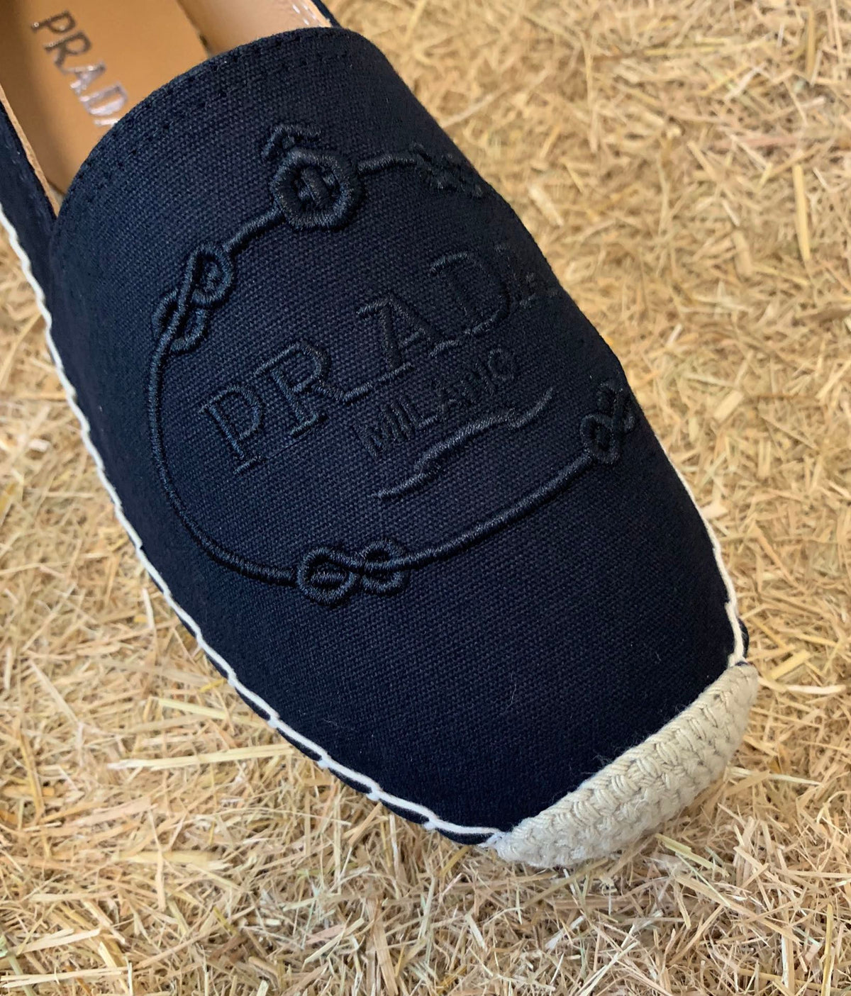 Prada 26s Espadrille Flats Black Canvas Embroidered Logo
