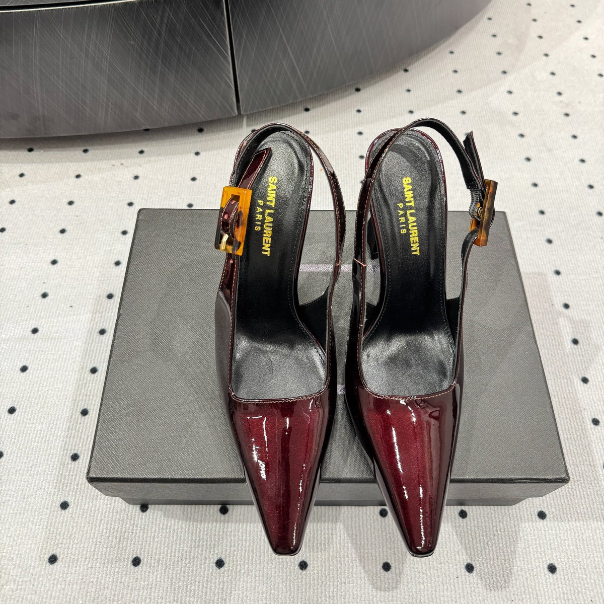 YSL 26s Slingback Heels 10.5cm Dark Red Glossy Calfskin With Buckle Closure