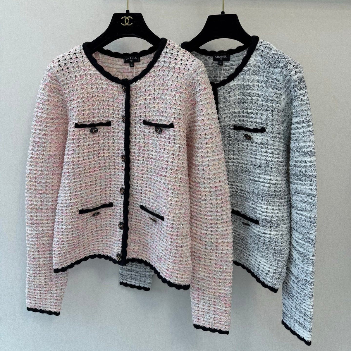 CC 26S Knit Tweed Cardigan Black Trim Front Pockets Cotton 433649