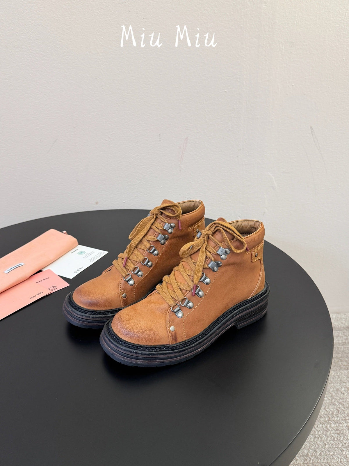 Miumiu 26s Ankle Mountain Boots Camel Brown Calfskin