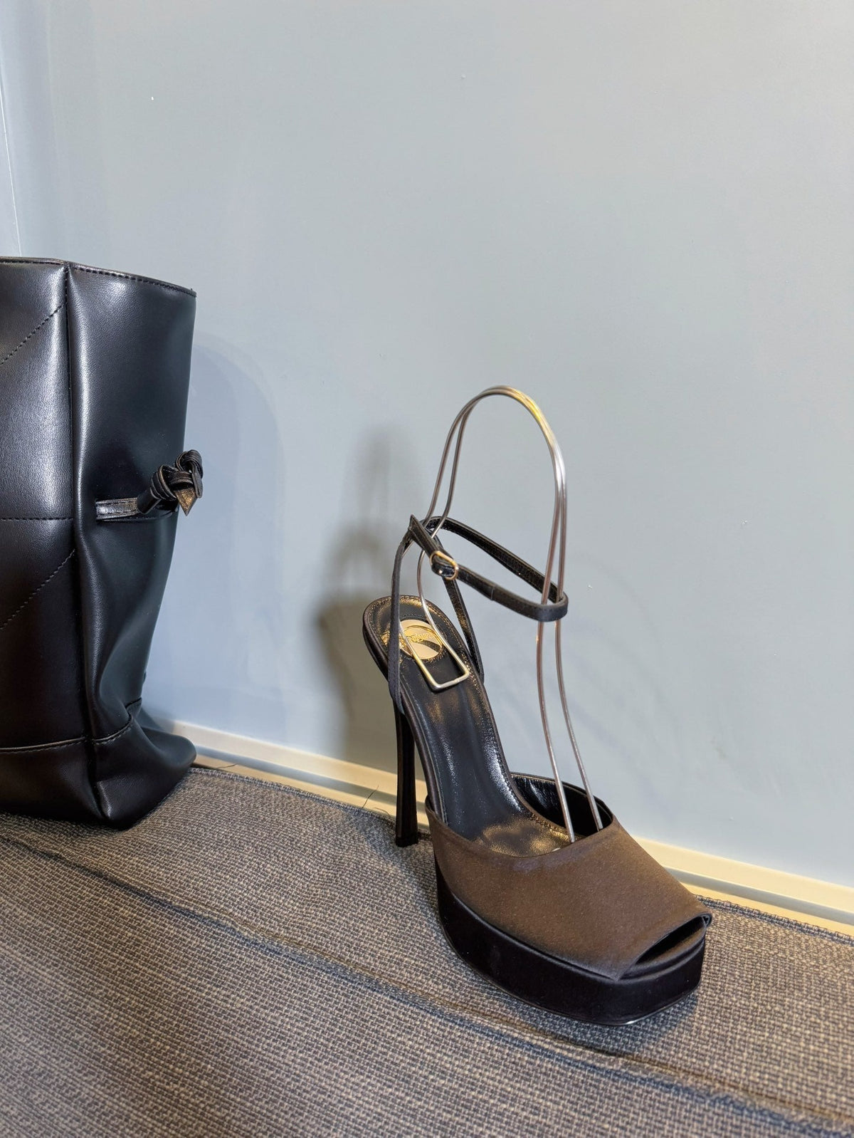 YSL 26S Platform Sandals 150 Mm Taupe And Black Satin