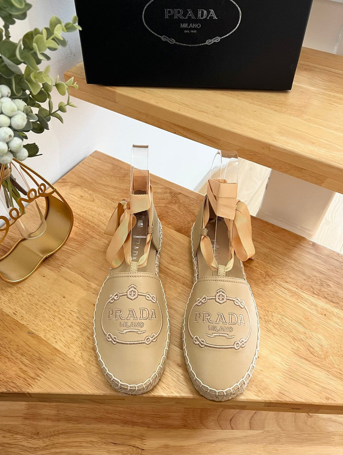 Prada 26s Lace Up Espadrille Flats Beige Calfskin