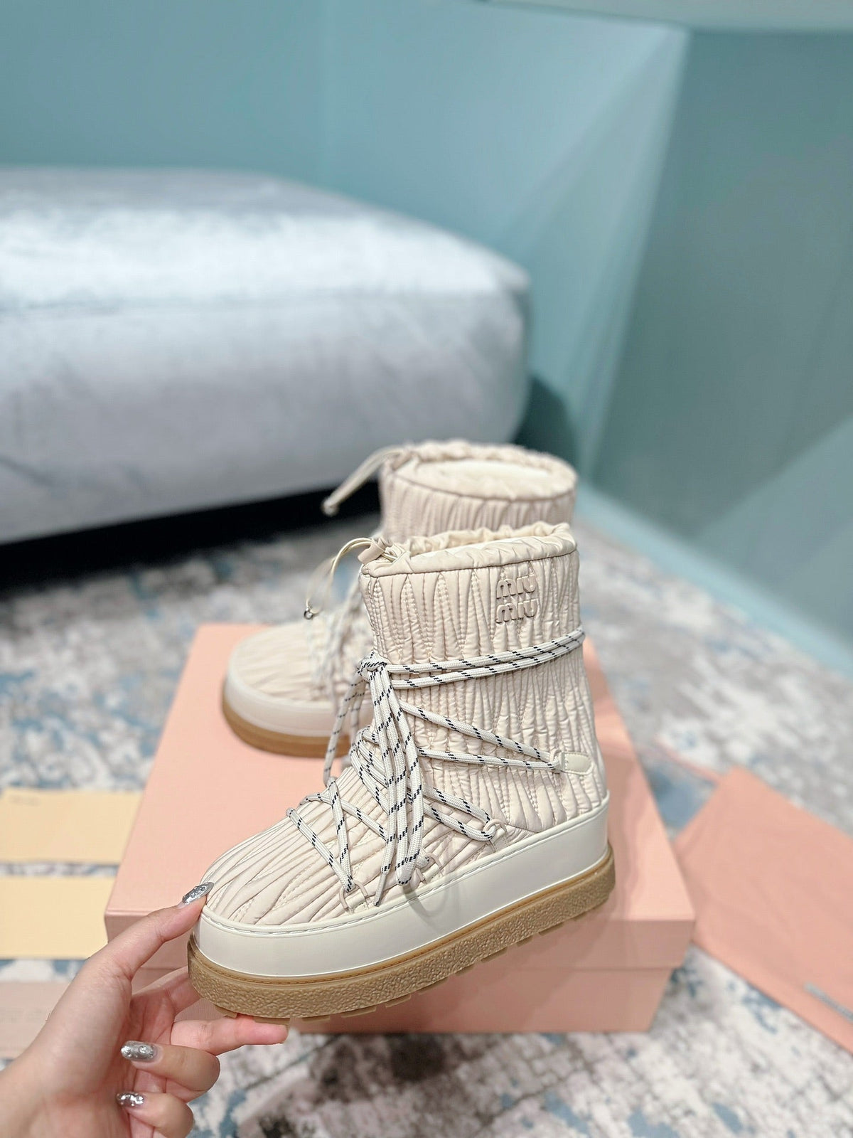 Miumiu 26s Ankle Snow Boots Beige Fabric